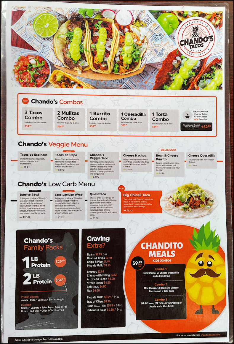 Menu of Chando's Tacos Roseville, CA